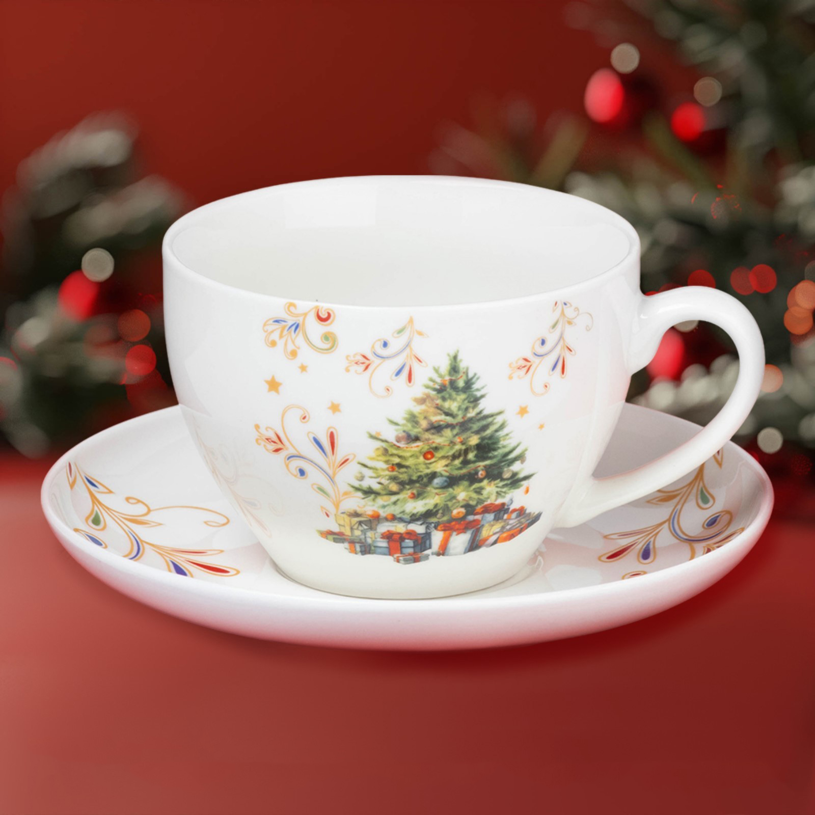 Новогодняя чайная пара Доляна «Волшебное дерево», 2 предмета: чашка 210 мл, блюдце d=15 см, фарфор